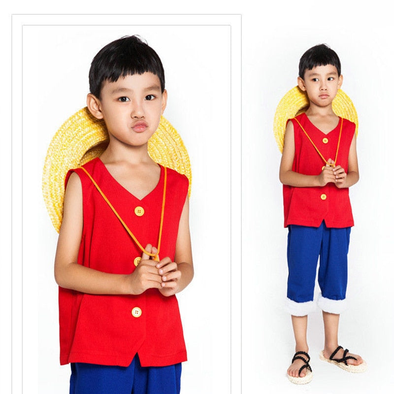 One Piece Luffy Cosplay Set Para Crianças  Calção e Colete