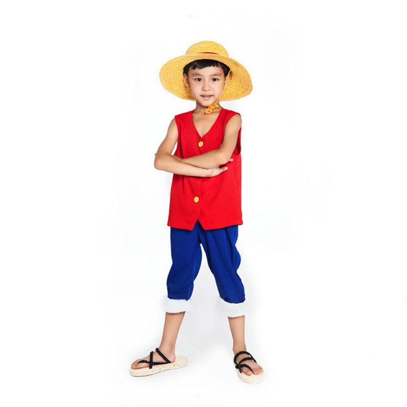 One Piece Luffy Cosplay Set Para Crianças  Calção e Colete